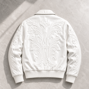 Veste bomber en cuir PU de luxe vintage personnalisée avec motif floral en relief, col rabattable, personnalisation de l'embossage artistique - Product Image 2