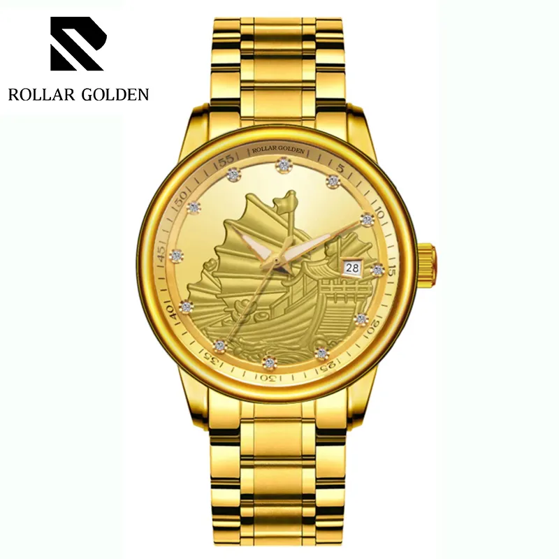 Rolar Golden R02 Gold Real Diamond Automatic winding Náutico aço inoxidável watch band Watch