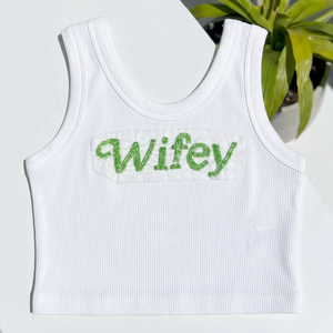 Wifey Top sin mangas de algodón acanalado blanco con bordado de cuentas, para mujer, para fiesta nupcial, ropa casual de verano - Product Image 1