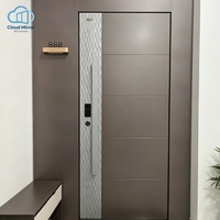 Porte d'entrée blindée à feuille unique à bandes verticales zonées, avec cadre carré et poignée, pour résidence moderne auto-construite