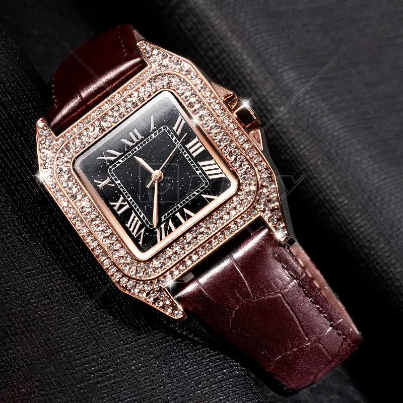 Brown Leather Strap Rose Gold Square Shape Design Alloy Wrist Luxury Girl Women Lady Watch with Big White Diamond Face