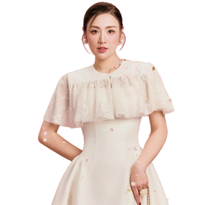 Elegant Milky <b>White</b> Lace Ball Gown Cape and Wide Strap Women's Dress <b>Set</b> | Velia <b>Set</b> for Formal Party Events | LAVIEM - Product Image 1