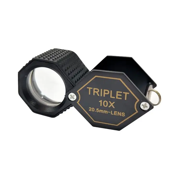 Black 10X Jewelry Hexagonal Loupe Foldable Pocket Magnifier 20.5mm Triplet Optical Lens Diamond Gemstone Identification Tools