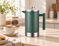Cafetière à piston en acier inoxydable à double paroi 800 ml 1000 ml avec poignée en bois