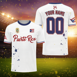 Maglia da calcio di Porto Rico personalizzabile con nome e numero, divisa bianca da casa, design con bandiera e stelle Boricua - Product Image 3