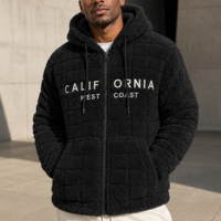 Veste en polaire Teddy pour homme, vente en gros ODM, avec capuche zippée, broderie Côte Ouest de Californie et poches latérales pour l'hiver