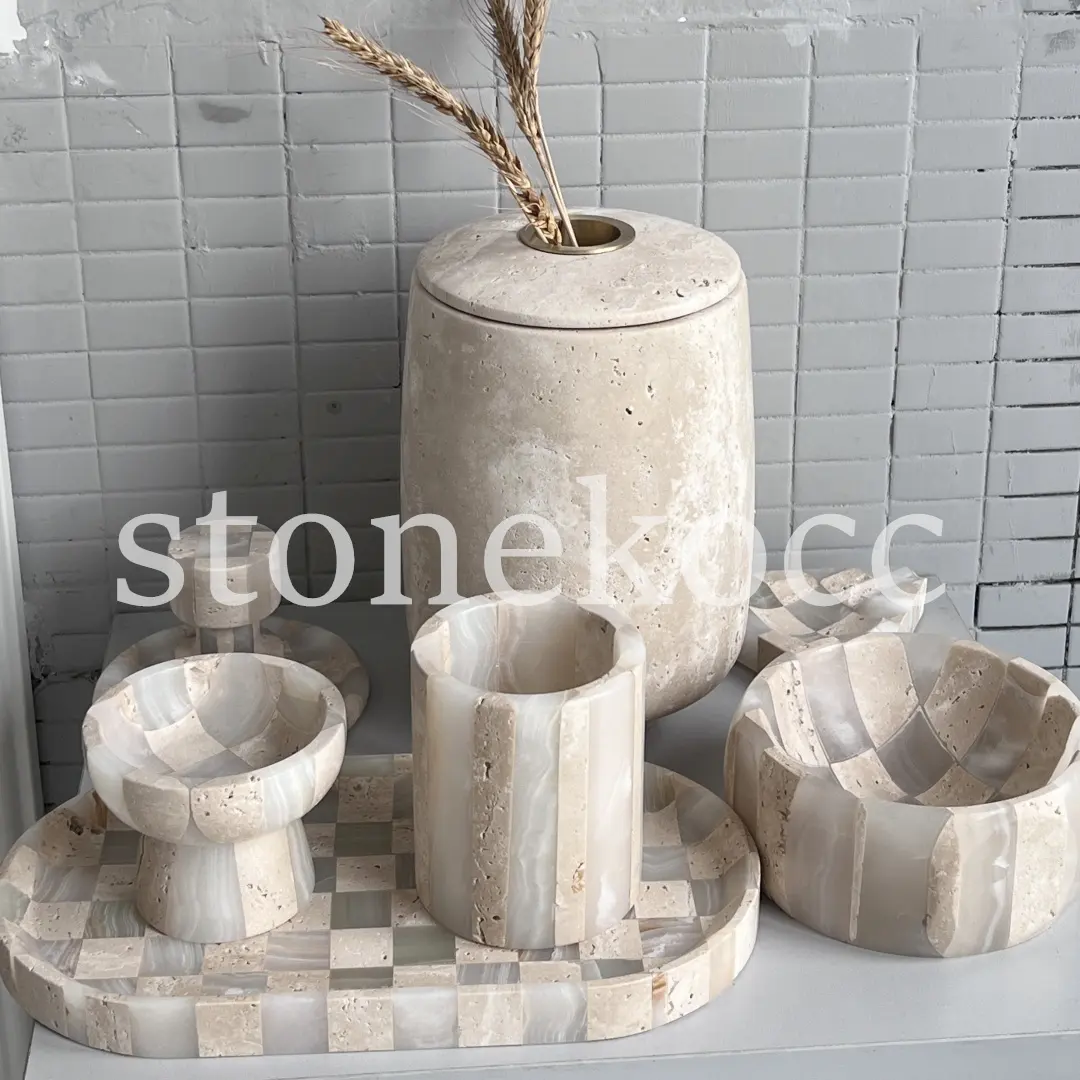 stonekocc ทราเวอร์ทีนและนิลผสมสีวาบิ-ซาบีหรูหราธรรมชาติตกแต่งหินอ่อนเครื่องประดับตกแต่งบ้าน