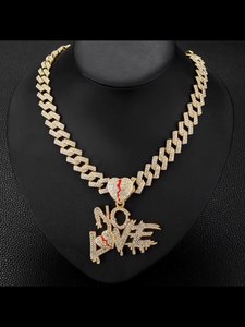 Collana da Uomo Personalizzata Stile Hip-hop con Catena Cubana, Diamanti e Ciondolo a <span class=keywords><strong>Cuore</strong></span> <span class=keywords><strong>Spezzato</strong></span> con Scritta NO LOVE, Vendita all'Ingrosso - Product Image 6