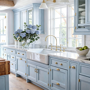 Armoires de cuisine de luxe personnalisées BALOM - Armoire de cuisine de style rétro français avec <span class=keywords><strong>quincaillerie</strong></span> en laiton et tiroirs à extension complète - Product Image 1
