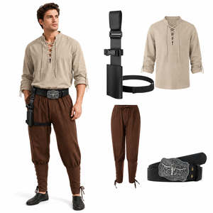 Ensemble de costume médiéval pour homme, chemise de pirate à lacets, <span class=keywords><strong>pantalon</strong></span> harem, ceinture de cowboy western, étui à épée, tenue de cosplay pour Halloween - Product Image 1