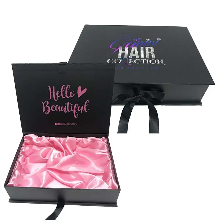 Customized Luxury Hardcover Board Skin Care Product Hair Pieces Velvet Packaging Ribbon Gift Box