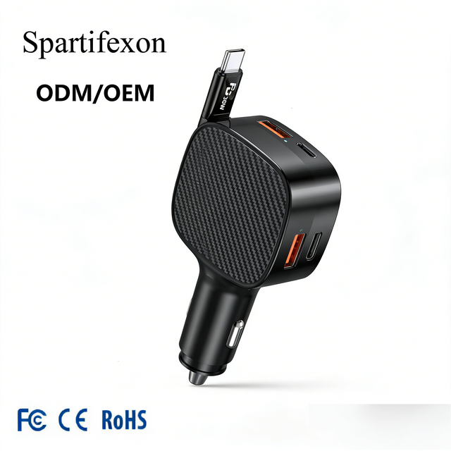 30W PD Fast Car Charger with Retractable Cable 25W USB Port for Simultaneous Charging Built-in Smart Chip Safe for All Devices