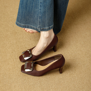Square Toe Block Heel Pumps Satin Buckle Decorated Formal Women's Shoes High Heel Comfort Slip-On All Seasons - Product Image 2