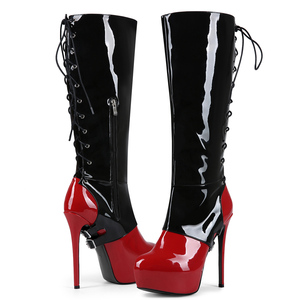 Summer Red Patchwork Patent Knee High Boots Big Size 47 Back Cut Out Lace up Long Boots Thick Platform Thin <b>Heels</b> Party Shoes - Product Image 2