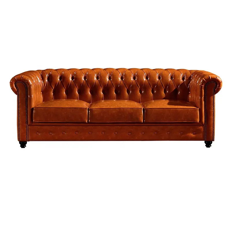 OEM/ODM Brown Leather Chesterfield Sofa 3 seats Vintage Brown Leather Sofa Bar Furniture Vintage Leather Living Room Sofa Set