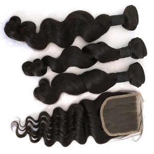 Stock disponible : Lots de mèches brésiliennes 10A vierges à ondulations lâches, couleur naturelle, cheveux humains, 10-30 pouces, avec closure, livraison express. - Product Image 1