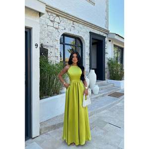 slim fit dress slacks Zapaka Women Green Bridesmaid Dress Chiffon Spaghetti Straps A-Line Wedding Party Dress with Slit, Chiffon Color / US14 main image 0