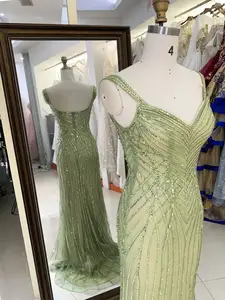 Novo luxo por atacado salvia miçangas corrente vestidos longos vestidos de noite para o baile de formatura 2025