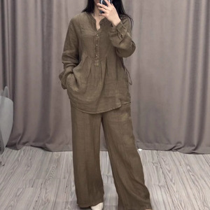 All'ingrosso Chic 2 pezzi Set <span class=keywords><strong>donna</strong></span> completi manica lunga Casual camicia da <span class=keywords><strong>donna</strong></span> + plissettato <span class=keywords><strong>pantaloni</strong></span> larghi elegante abito estivo da <span class=keywords><strong>donna</strong></span> - Product Image 3