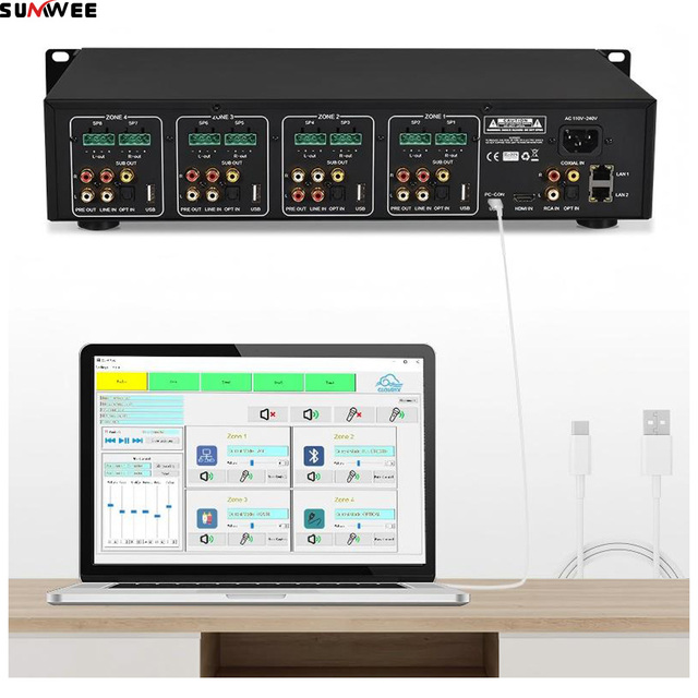 Smart Wifi 4 Zone Network Audio Power Amplifier BT5.0 H-DMI Coaxial Optical USB Multi-room Play Support Wireless Microphone