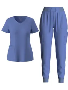 Elegan wanita medis Scrub Set tahan lama gaya fungsional kantong Uniforme De Enfermera seragam rumah sakit Scrub setelan tenun