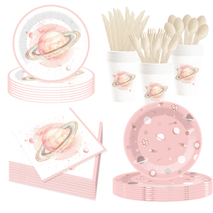 DAMAI - Vajilla Desechable con Temática Espacial, con Diseño de Cohete y Planeta, en Blanco y Verde, Juego de Platos de Papel para Fiestas - Product Image 1