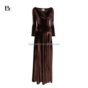 Abito di Lusso in Velluto <span class=keywords><strong>su</strong></span> <span class=keywords><strong>Misura</strong></span>, Produzione OEM/ODM, Scollo a V, Vita Alta, Maniche Lunghe, Fabbrica di Abbigliamento di Alta Qualità - Product Image 4