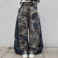 DiZNEW Jeans pour hommes style Wasteland, déchirés, à empiècements, coupe ample et jambe large, en denim, tenue Darkwear, OEM