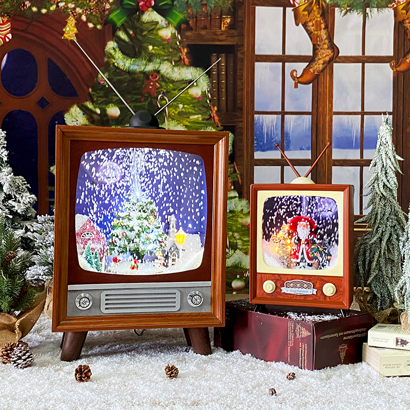 クリスマスソングを再生するヴィンテージレトロTVオルゴール、スノー