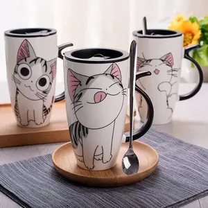 Hochwertige Phantasie Design Heide Kreative Glasur Katze Keramik becher Mit Deckel Löffel Cartoon Milch Tee tasse Porzellan Tasse Set - Product Image 5