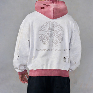 Sweat à capuche zippé KingSen OEM pour homme, hiver, effet vieilli, blocs de couleur, broderie imprimée, coton délavé, molleton français, style hip-hop - Product Image 3