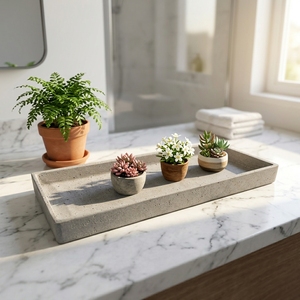 Plateau rectangulaire rustique en résine gris effet béton pour pot de plante, décoration de jardin style ferme minimaliste - Product Image 6