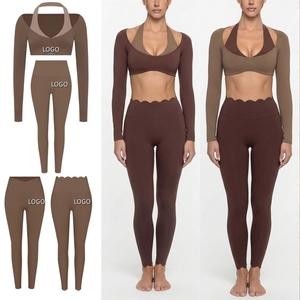 Set Personalizzato con LOGO, <span class=keywords><strong>Top</strong></span> Yoga a <span class=keywords><strong>Maniche</strong></span> <span class=keywords><strong>Lunghe</strong></span> con Taglio a Petalo, Tessuto ad Asciugatura Rapida, Abbigliamento <span class=keywords><strong>Sportivo</strong></span> da Esterno, Leggings Lunghi - Product Image 1