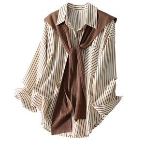 <span class=keywords><strong>Camicia</strong></span> a righe a scialle da donna a due pezzi alla moda camicie larghe a maniche lunghe con risvolto autunnale - Product Image 5