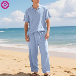 Ready to Ship Custom Logo Summer Men Solid Color <strong>Linen</strong> V Neck Top <strong>Drawstring</strong> <strong>Pants</strong> Casual Beach Wear Two Pieces Set - Product Image 4
