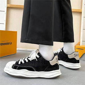 Baskets en toile épaisses noires et blanches à lacets, bout rond, semelle extérieure en caoutchouc respirante, chaussures de marche toutes saisons - Product Image 2