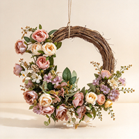 Couronne de fleurs artificielles en rotin de haute qualité, roses, hortensias, feuilles vertes, style romantique pour la Saint-Valentin, mariage, décoration d'entrée