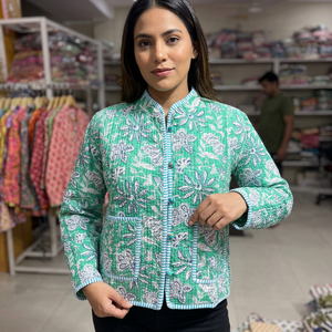 Green Floral Printed <b>Quilted</b> Cotton <b>Jacket</b> With Mandarin Collar Full Sleeve Autumn Women's Wear GIFT FOR HER - Product Image 1