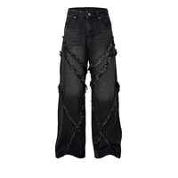 10 ans fournisseur de jeans personnalisé Y2K rue bord brut Baggy Jeans hommes mode Hip Hop motif Patchwork Denim pantalon en détresse