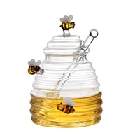 Pot de miel en verre décoré d'abeille fait à la main avec couvercle et cuillère en forme de nid d'abeille pour la cuisine pour la nourriture