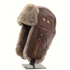 Men's Winter Thickened Plush <b>Ear</b> <b>Protectors</b> Trapper Hats Studded Outdoor Cycling PU Trapper Hat - Product Image 3