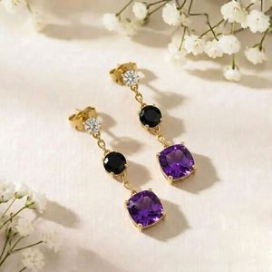 Purple Amethyst Cushion Cut <b>Earrings</b> with Black Obsidian Gemstone Drop Elegant <b>Dangle</b> <b>Earrings</b> in 925 Sterling <b>Silver</b> Handmade - Product Image 4