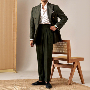 Completo <span class=keywords><strong>da</strong></span> <span class=keywords><strong>Uomo</strong></span> Estivo <span class=keywords><strong>in</strong></span> <span class=keywords><strong>Lino</strong></span> 100% Italiano, Sottile, Doppiopetto, con Colletto a Revers, Stile Napoli - Product Image 5