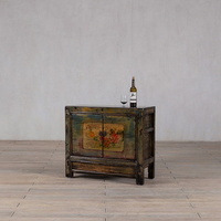 Buffet en bois vieilli fait main et peint à la main style Wabi-sabi, armoire florale vintage pour chambre, appartement et salon