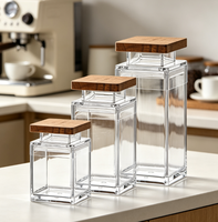 Pot de conservation alimentaire carré en PMMA transparent avec couvercle en bois, hermétique, pour café en grains, thé, céréales et aliments secs - Vente en gros