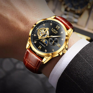 Lige Luxury Automatic Mechanical Watch Men's Stainless Steel Oval Case Glass <b>Crystal</b> Leather Strap <b>Moon</b> Phase Waterproof - Product Image 5