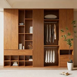 Moderno Sistema de Armario Abierto de Madera con Doble Área de Colgado, Cajones de Almacenamiento para Dormitorio, Estilo Nórdico, Muebles Personalizados - Product Image 6