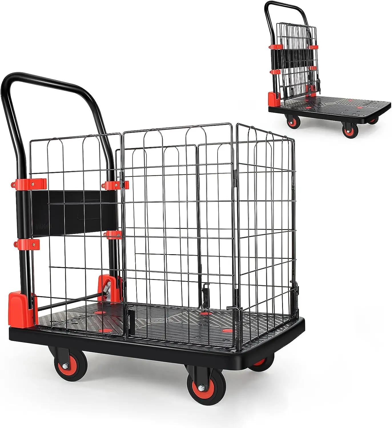 Foldable Push Cart Dolly Swivel Wheels for Warehouse Platform Truck Cart with Cage Folding Hand Truck Cage Cart