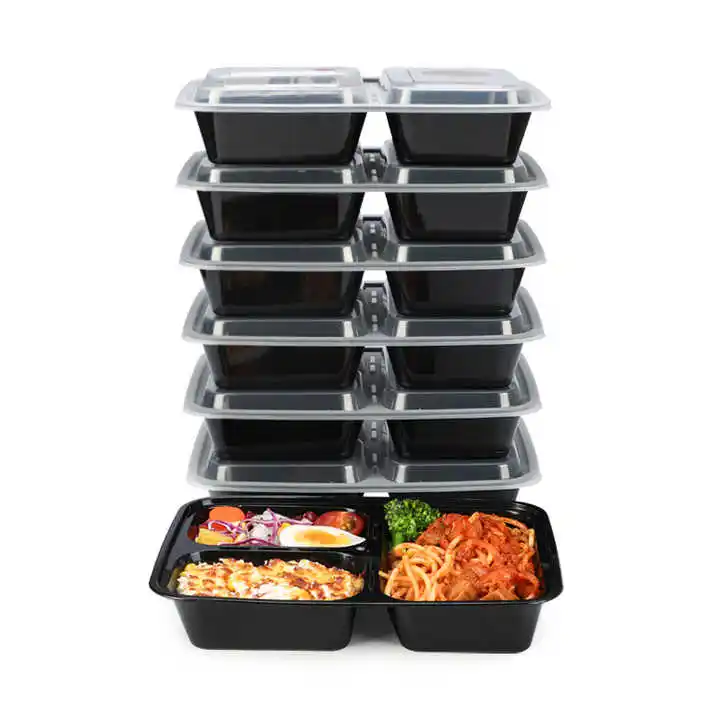 Black rectangular plastic three compartment boxes disposable plastic disposable food trays take away food packing containers