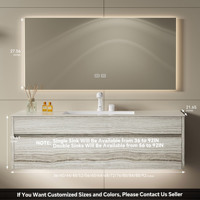 Meuble-lavabo flottant minimaliste en bois massif naturel avec vasque en pierre frittée sans joint, miroir LED intelligent